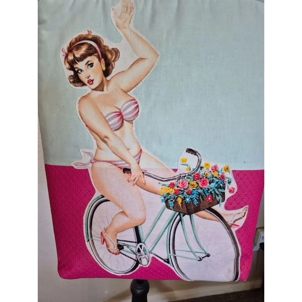 Beach Floral Tote Bag - Retro Summer Biker Illustration Vinyl Shoulder Bag